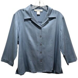 Norm Thompson Women's Blue Silk Twill Button-Up Tunic 3/4 Sleeves - Size 10